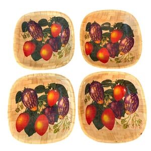 Vintage Set of 4 Bamboo Woven Handpainted Vegetable Bowls 6" Square‎